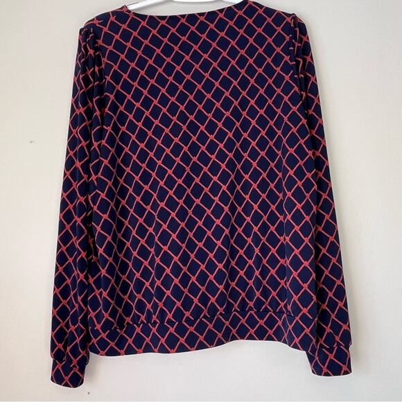 Banana Republic Navy / Red Patterned Long Sleeve V-Neck Blouse Size Large - Picture 2 of 10